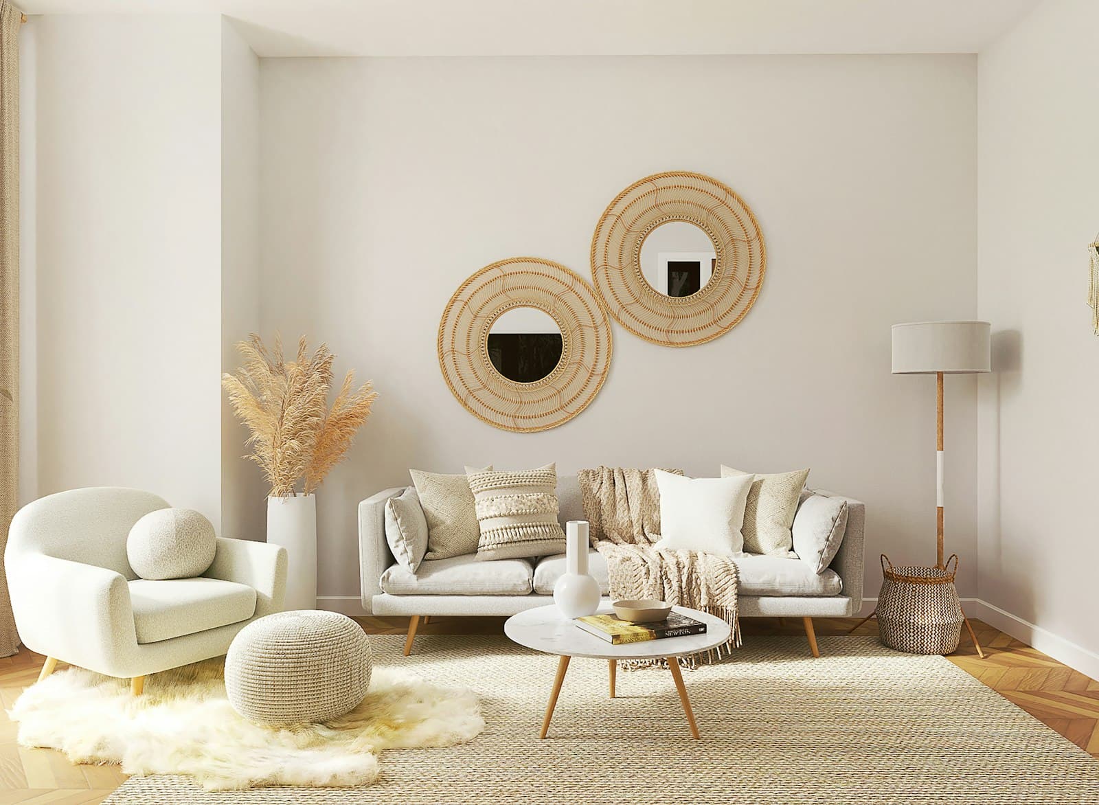 Floor-length curtains framing a bright living room window