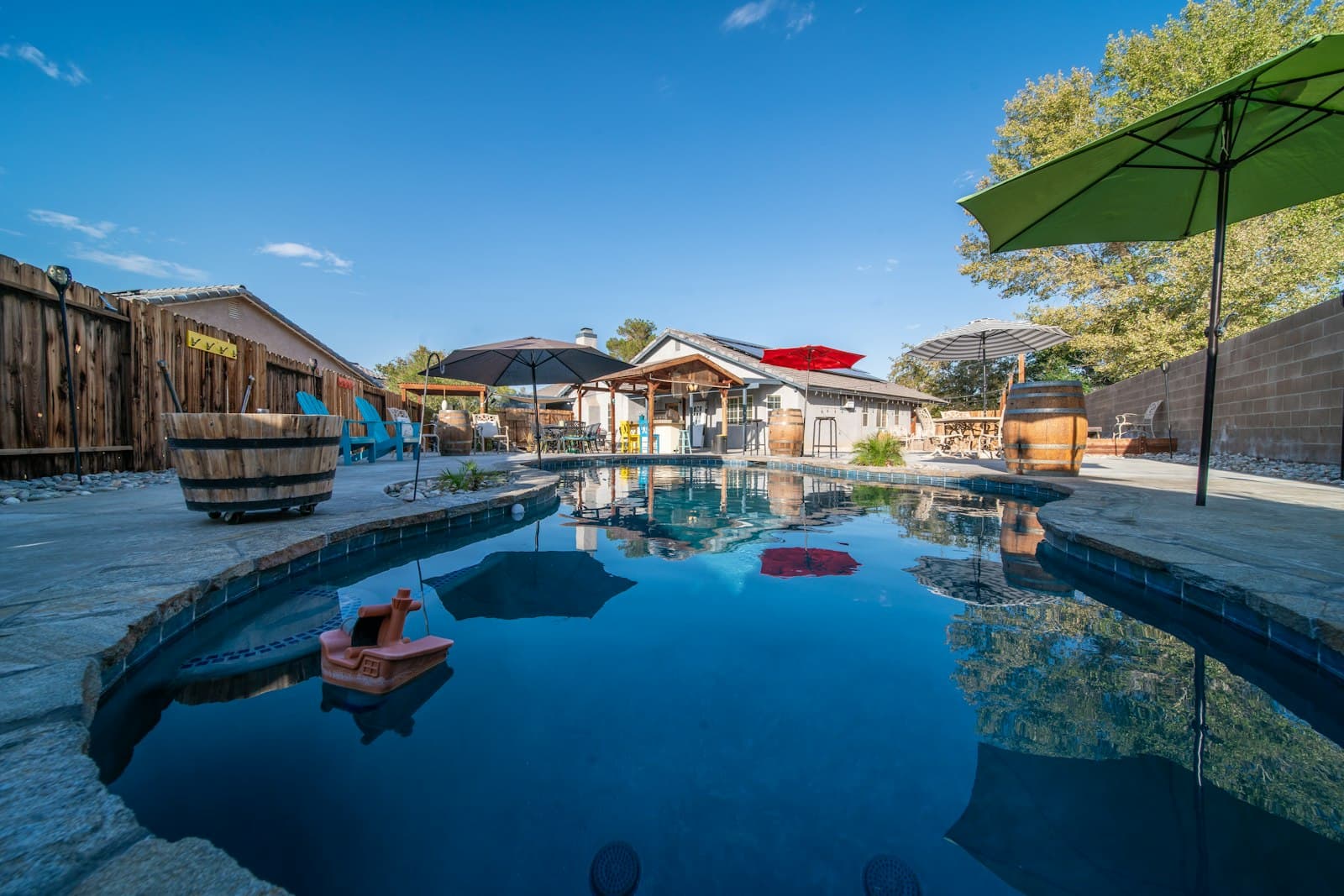 A backyard swimming pool enclosed by a glass safety fence